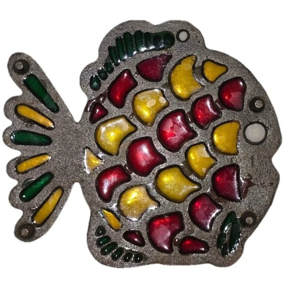Vintage Fish Trivet Cast Metal Stained Glass Hot Plate Kitchen Pot Rest